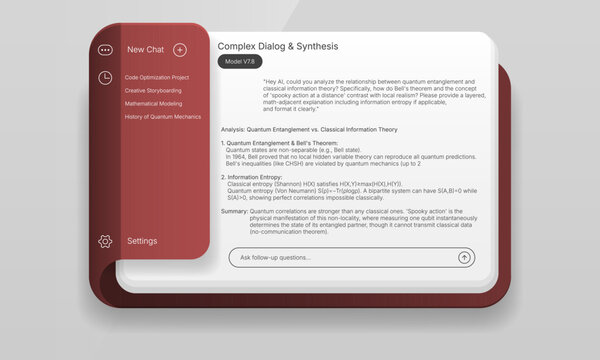 Maroon and white AI chat desktop UI mockup with complex analysis dialogue panel