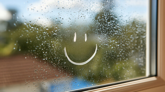 Cheerful smiley face drawn on rainy glass window