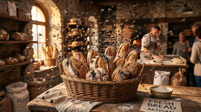 Artisan Bakery Scene: A rustic artisan bakery, filled with the warm aroma of freshly baked bread. A basket overflowing with crusty loaves sits center stage.