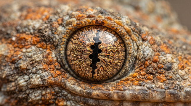 Macro Shot of Gecko Eye: Extreme close-up reveals the intricate texture and pattern of a gecko's eye, showcasing its unique reptilian features with remarkable detail and clarity.