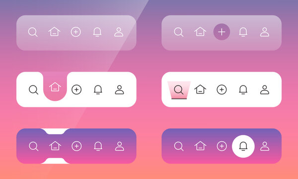 Set of mobile app bottom navigation bars UI mockup with active tab highlights