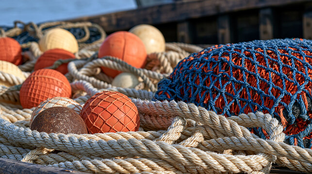 Colorful fishing nets and buoys on wooden boat