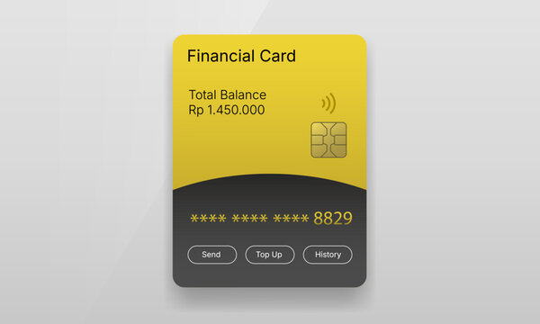 Yellow and dark grey digital financial card UI mockup with balance and action buttons
