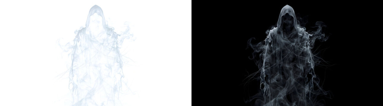 Ghost hooded figure of swirling smoke with tattered robe for Halloween horror designs in PNG, Transparent and Black Background Versions