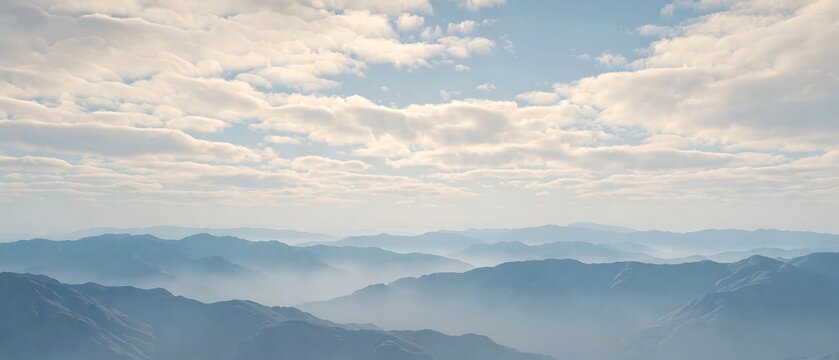Panoramic view of layered mountain ranges fading into a misty horizon under a soft cloudy sky