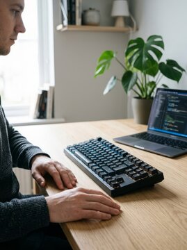 Backlit mechanical keyboard on minimalist oak desk with developer laptop in a bright home office, representing remote work productivity and modern software engineering workflow
