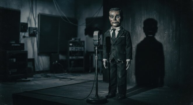 A wooden performer waits inside an abandoned radio recording studio