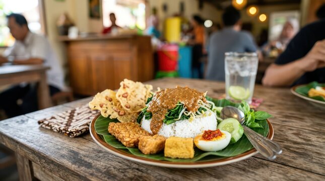 Authentic Javanese Nasi Pecel with Spicy Peanut Sauce, Tempeh, and Vegetables Served on Banana Leaf