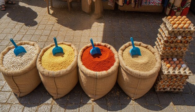 High-angle view of burlap sacks filled with various grains, spices, and a stack of egg cartons for sale at an outdoor market.
