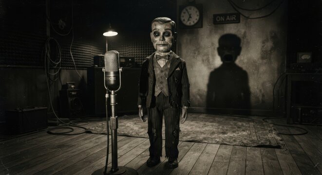 Antique dummy stands beside a microphone casting an ominous human shadow