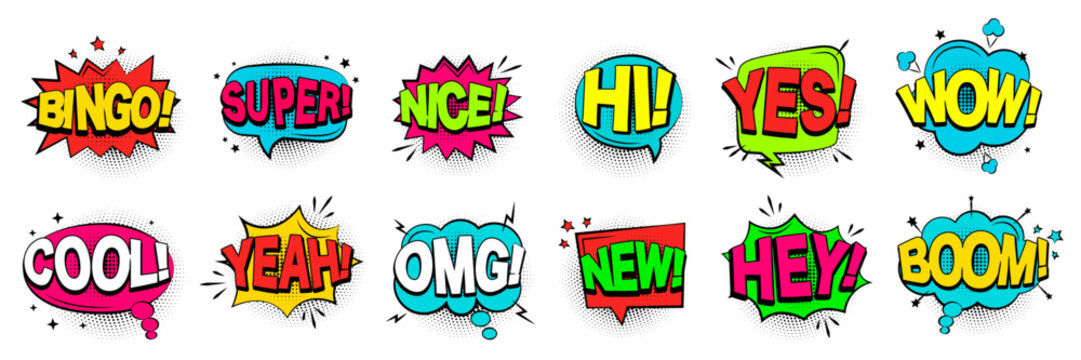 Colorful comic style speech bubbles with exclamatory words in halftone pop art design