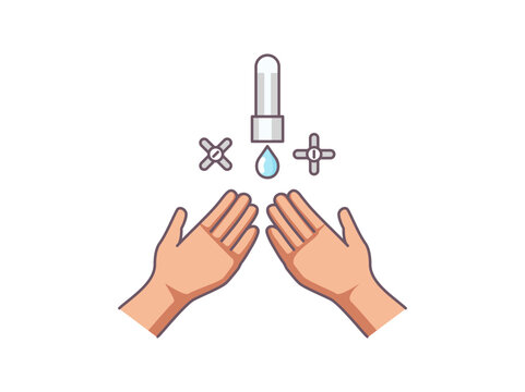 Cartoon illustration of hands reaching toward water droplet from faucet