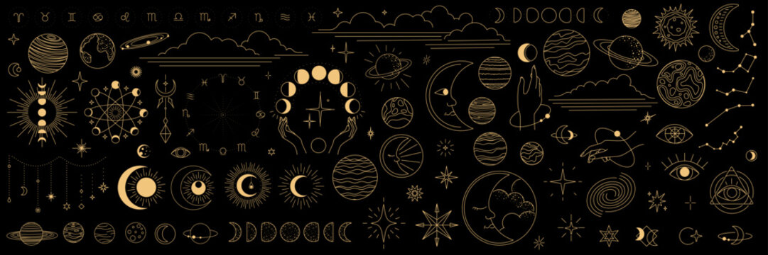 Celestial symbols and cosmic elements on black background