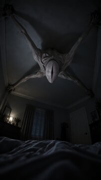 A pale intruder hangs overhead while darkness gathers around the bedroom