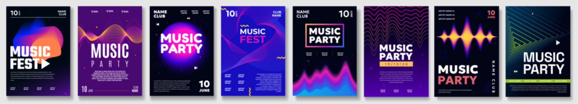 Colorful music party posters with modern design and abstract patterns
