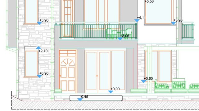 3D motion graphic animation of dynamic European residential building architecture drawings. Seamless transitions morphing blueprint facades floor plans and structural sections backdrop.