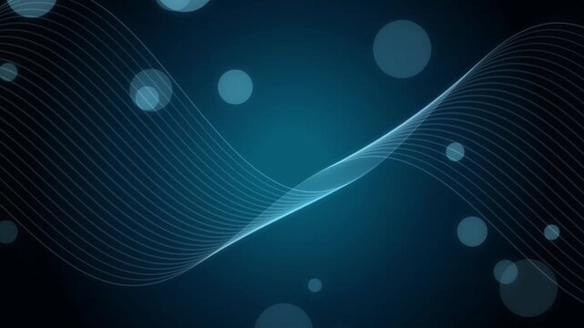 Abstract blue wave lines background animation, dark glowing bokeh light particles motion graphic, digital tech network background