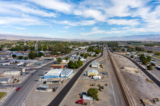 Aerial View of Lovelock Nevada, located East of Reno along Interstate 80, with the urban and rural areas of this desert Nevada town