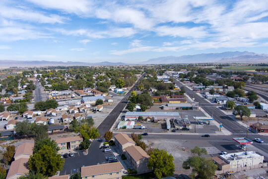 Aerial View of Lovelock Nevada, located East of Reno along Interstate 80, with the urban and rural areas of this desert Nevada town