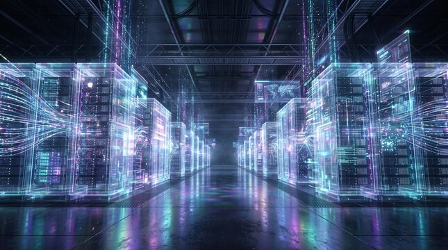 Futuristic data center server room, holographic quantum supercomputer facility, glowing blue digital infrastructure background isolated PNG with Transparent Background