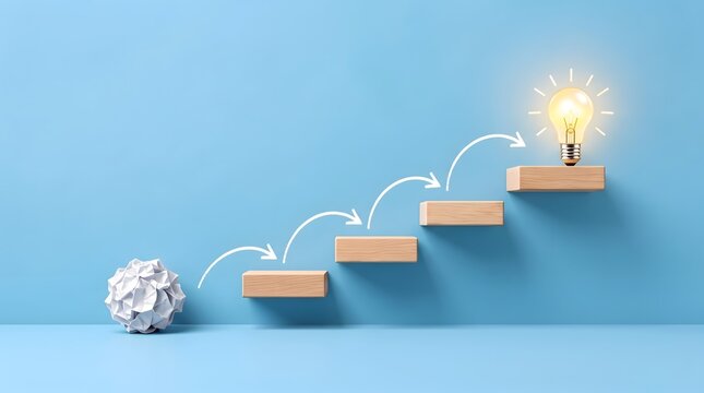 Staircase of wooden blocks leading to a glowing light bulb symbolizing idea generation and progress with a crumpled paper ball at the start