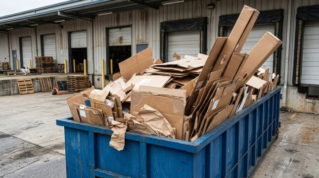 Large blue industrial recycling dumpster filled with flattened cardboard boxes outside a warehouse loading dock.