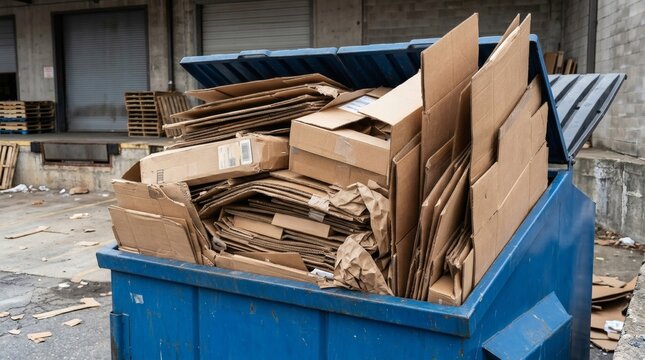 Blue commercial recycling dumpster overflowing with flattened cardboard boxes and brown paper at a loading dock