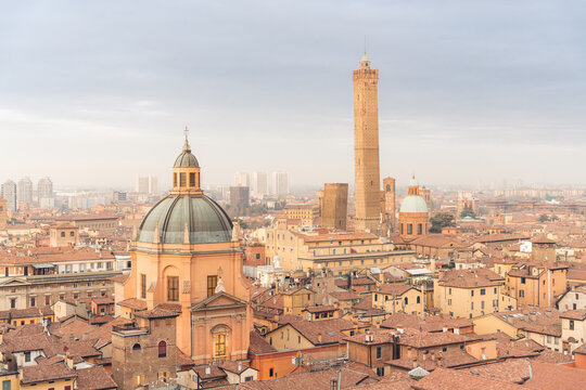 Aerial view of the historic city of Bologna, Italy, showcasing the famous medieval towers