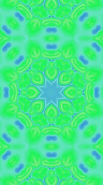 Vibrant green and blue abstract kaleidoscope pattern with symmetrical geometric shapes and digital design elements.