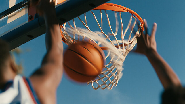 Basketball players dunking ball into hoop against blue