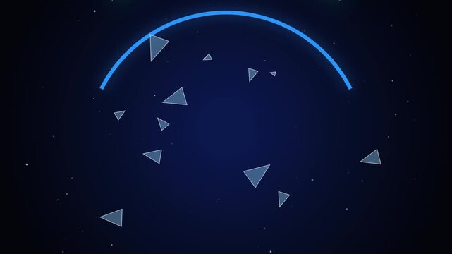 Abstract geometric arc and scattered triangles, neon blue glowing line on dark background, futuristic minimal intro motion background for video and presentation headers