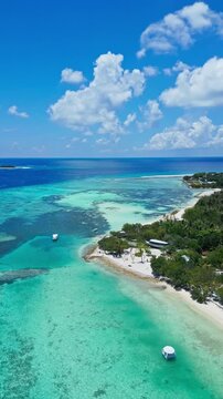 Aerial reef patterns along turquoise bay, meandering sandbars and shallow coral gardens, anchored boats near palmfringed shoreline, beachside huts and wide cloudscapes, Maldives, vertical video