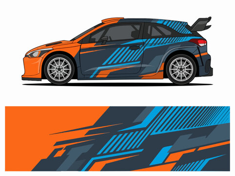 Dynamic racing car with vibrant geometric decal design