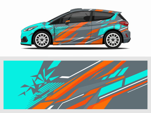 Colorful sports car with dynamic geometric wrap design