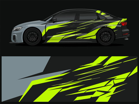 Grey car with neon green racing stripes and decals