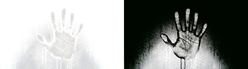 Fototapeta premium Handprint in black and white on wet glowing glass with dripping water for horror in PNG, Transparent and Black Background Versions