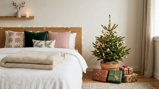 Cozy Christmas Bedroom Decorated With a Festive Tree and Wrapped Gifts, Ready for Holiday Celebrations