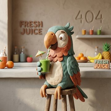 Claymation Parrot Drinking Fresh Green Juice at Juice Bar