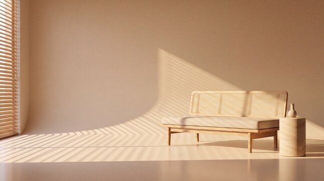 Commercial 3D e-commerce sale promotion banner featuring cane webbing daybed sandstone with plenty of copy space