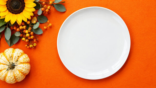 Empty white plate on orange background with autumn pumpkin, sunflower, berries, and eucalyptus leaves for fall celebrations