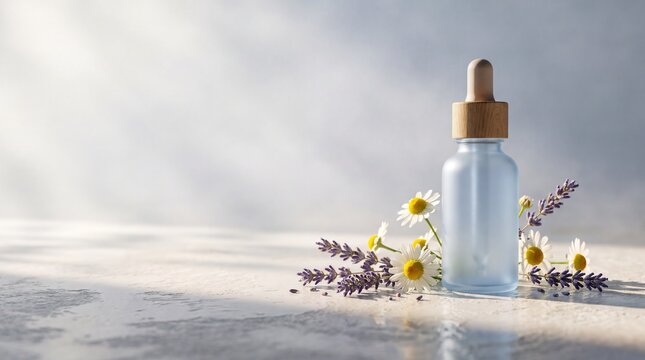 Botanical tincture dropper on a surface with flowers for e-commerce sale promotion
