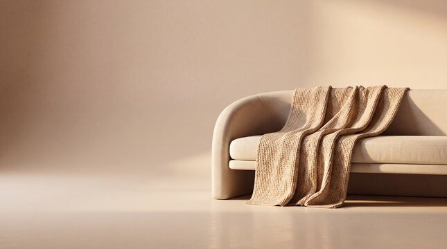 Commercial 3D e-commerce sale promotion banner featuring a weighted gravity blanket draped on a sofa with copy space