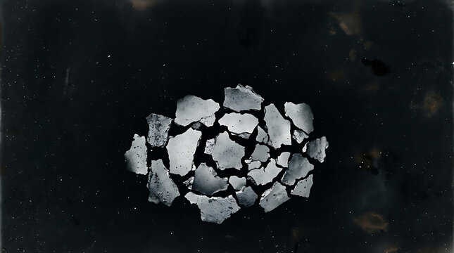 Abstract silver metallic fragments on dark background with film grain texture