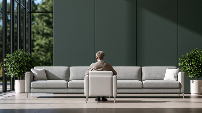 Senior man sitting alone on modern sofa in