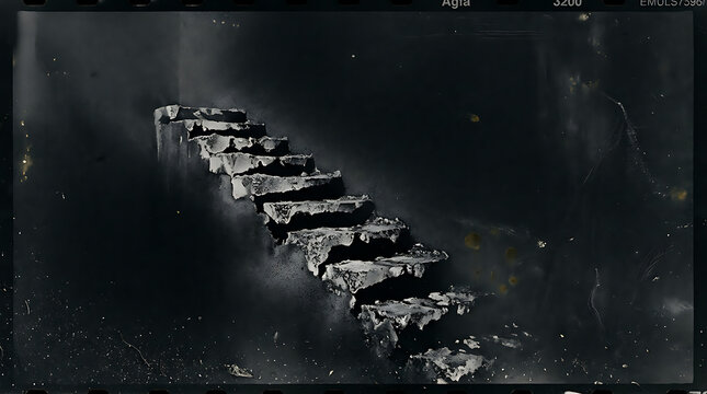 Dark abstract staircase with heavy film grain texture and dramatic moody lighting