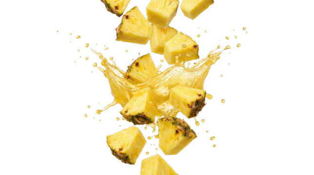 Falling pineapple chunks with juice splashing motion