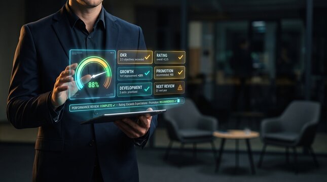 Employee Performance Review with Manager Using Tablet and Holographic KPI Dashboard Showing 88 Percent Score, Career Growth, Promotion Recommendation and Business Development Metrics