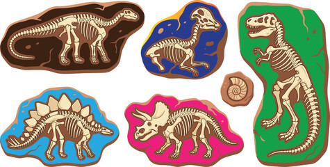 Dinosaur Fossil Skeleton Icon Set featuring Tyrannosaurus Rex, Triceratops, Stegosaurus, Parasaurolophus, and Sauropod Bones for Paleontology, Education, and Science Graphic Designs © RAJU