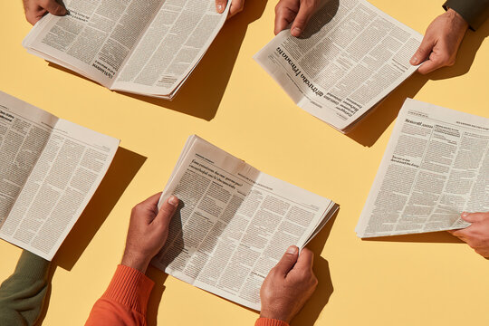 multiple hands holding open newspapers on yellow surface