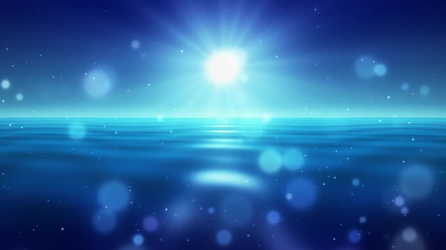 Tranquil blue ocean horizon background loop with bright sun flare glowing water waves and bokeh particles